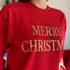 Red Merry Christmas Jumper With Gold Letters Unisex Adult & Kids Sizes Matching Family Jumpers Christmas Shirt