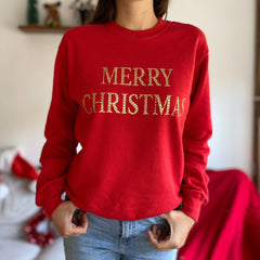 Red Merry Christmas Jumper With Gold Letters Unisex Adult & Kids Sizes Matching Family Jumpers Christmas Shirt
