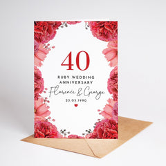 Ruby Wedding Anniversary Card with Names and Date 40 Year Celebration Floral Personalised Gift for Couple 40th Anniversary Mum Dad Parents