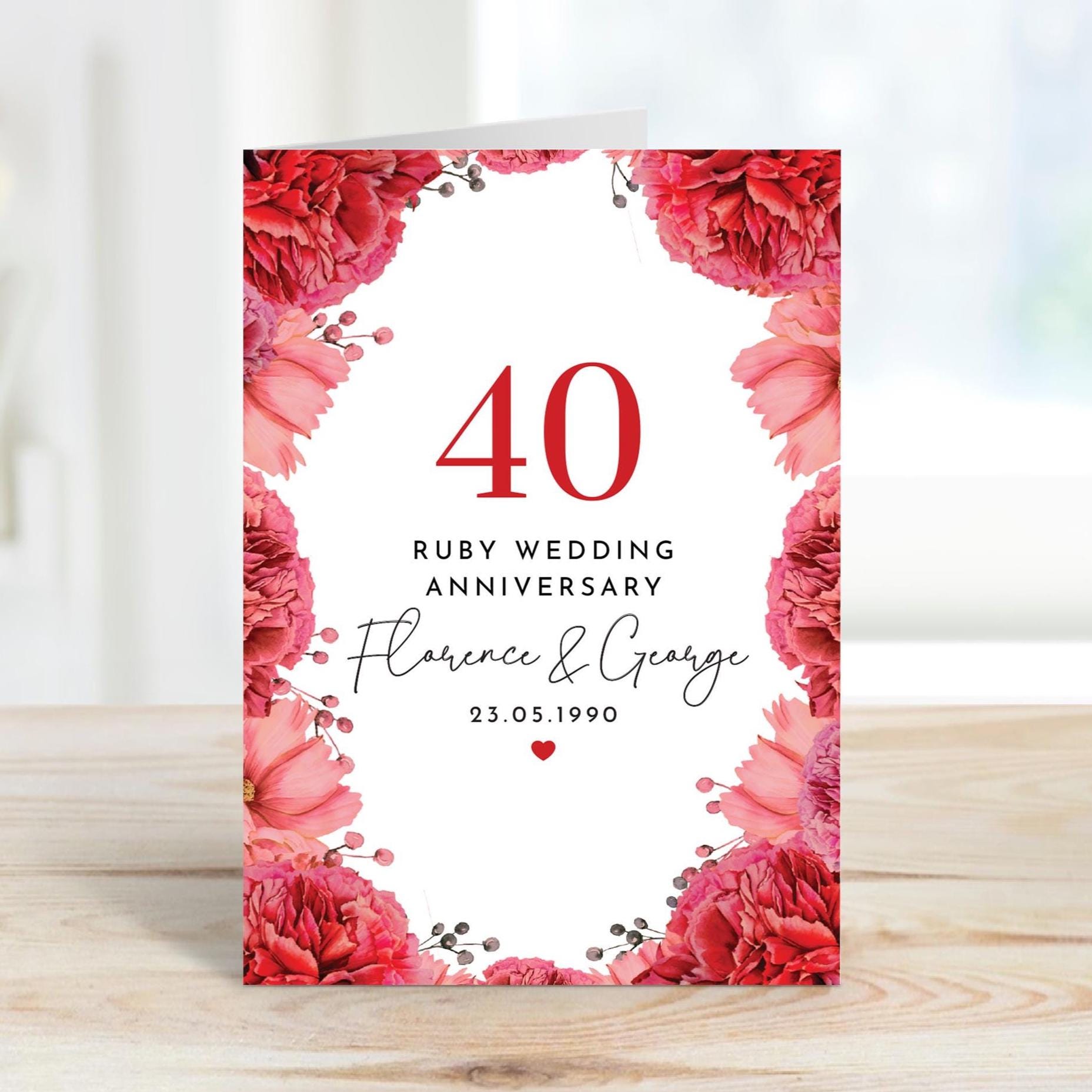 Ruby Wedding Anniversary Card with Names and Date 40 Year Celebration Floral Personalised Gift for Couple 40th Anniversary Mum Dad Parents