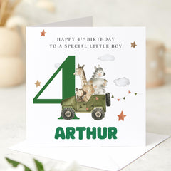 Safari - Themed Birthday Card for Boys – Personalised with Name and Age – Jungle Animal Jeep Adventure Design for Son Grandson Nephew