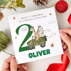 Safari - Themed Birthday Card for Boys – Personalised with Name and Age – Jungle Animal Jeep Adventure Design for Son Grandson Nephew