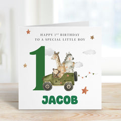 Safari - Themed Birthday Card for Boys – Personalised with Name and Age – Jungle Animal Jeep Adventure Design for Son Grandson Nephew