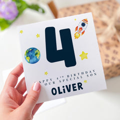 Space Theme Birthday Card for a Special Son – Custom Name and Age – Rocket, Earth and Stars Design – Outer Space Celebration Keepsake