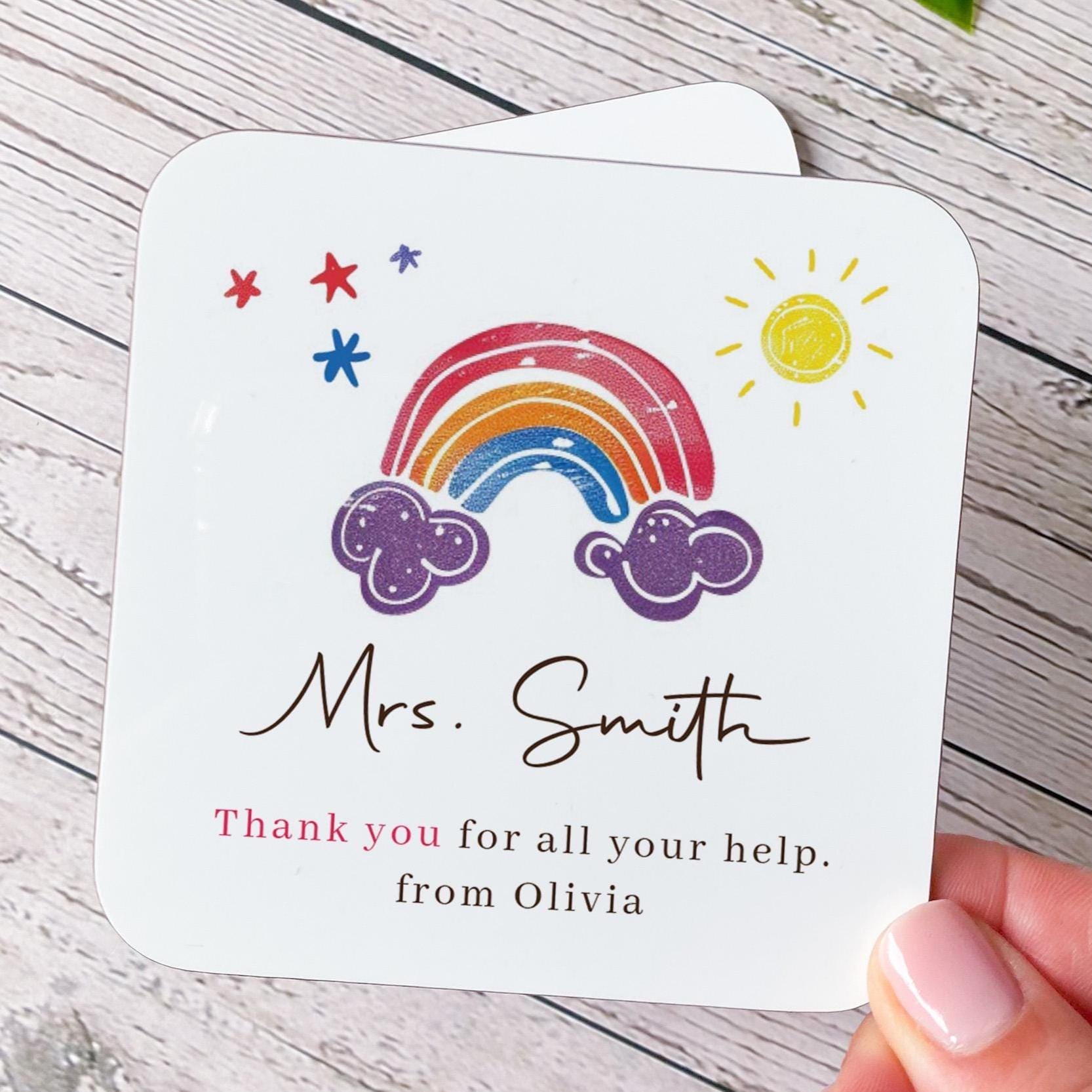 Teacher Gift with Student Name Colourful Rainbow Coaster Thank You Present End of Term Appreciation for Her or Him