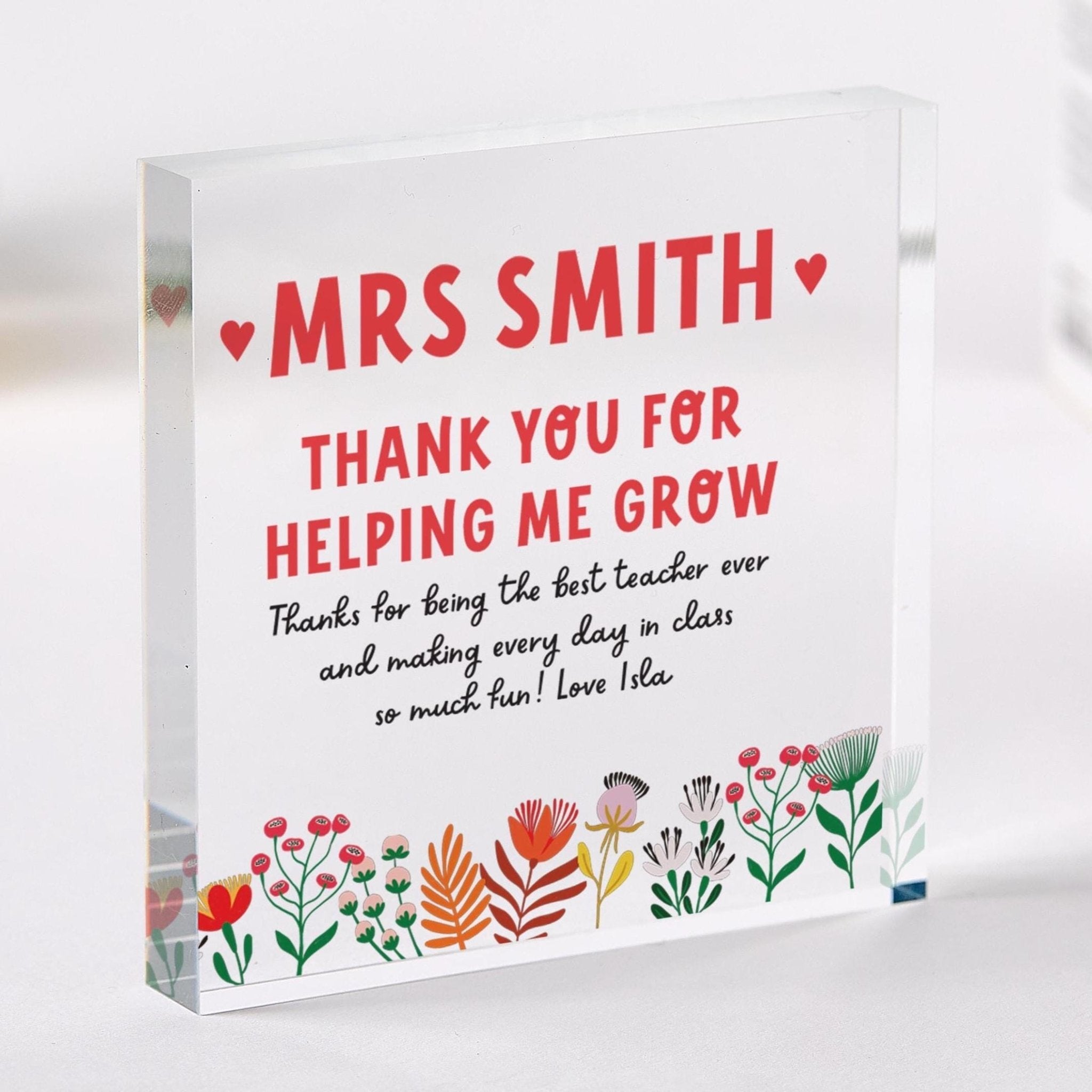 Thank You Helping Me Grow Teacher Your Text Primary Nursery Appreciation Keepsake End Year Term Acrylic Plaque