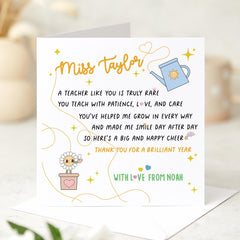 Thank You Teacher Card from Child –Personalised End of Term or Teacher’s Day Gift card for Teacher Appreciation Primary Nursery Reception