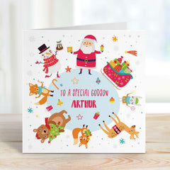 To A Special Godson Merry Christmas Card With Santa Claus Reindeer Sleigh Cute Xmas Personalised Gift Card For Him God Son