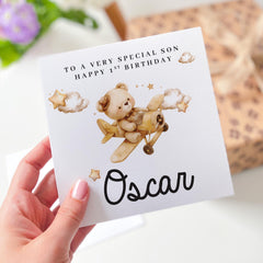 To a Very Special Son First Birthday Card for Baby Boy Cute Bear and Aeroplane Design Keepsake 1st Birthday Card for Baby Boy Toddler
