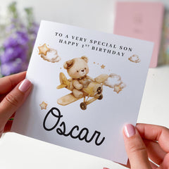 To a Very Special Son First Birthday Card for Baby Boy Cute Bear and Aeroplane Design Keepsake 1st Birthday Card for Baby Boy Toddler