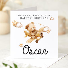 To a Very Special Son First Birthday Card for Baby Boy Cute Bear and Aeroplane Design Keepsake 1st Birthday Card for Baby Boy Toddler