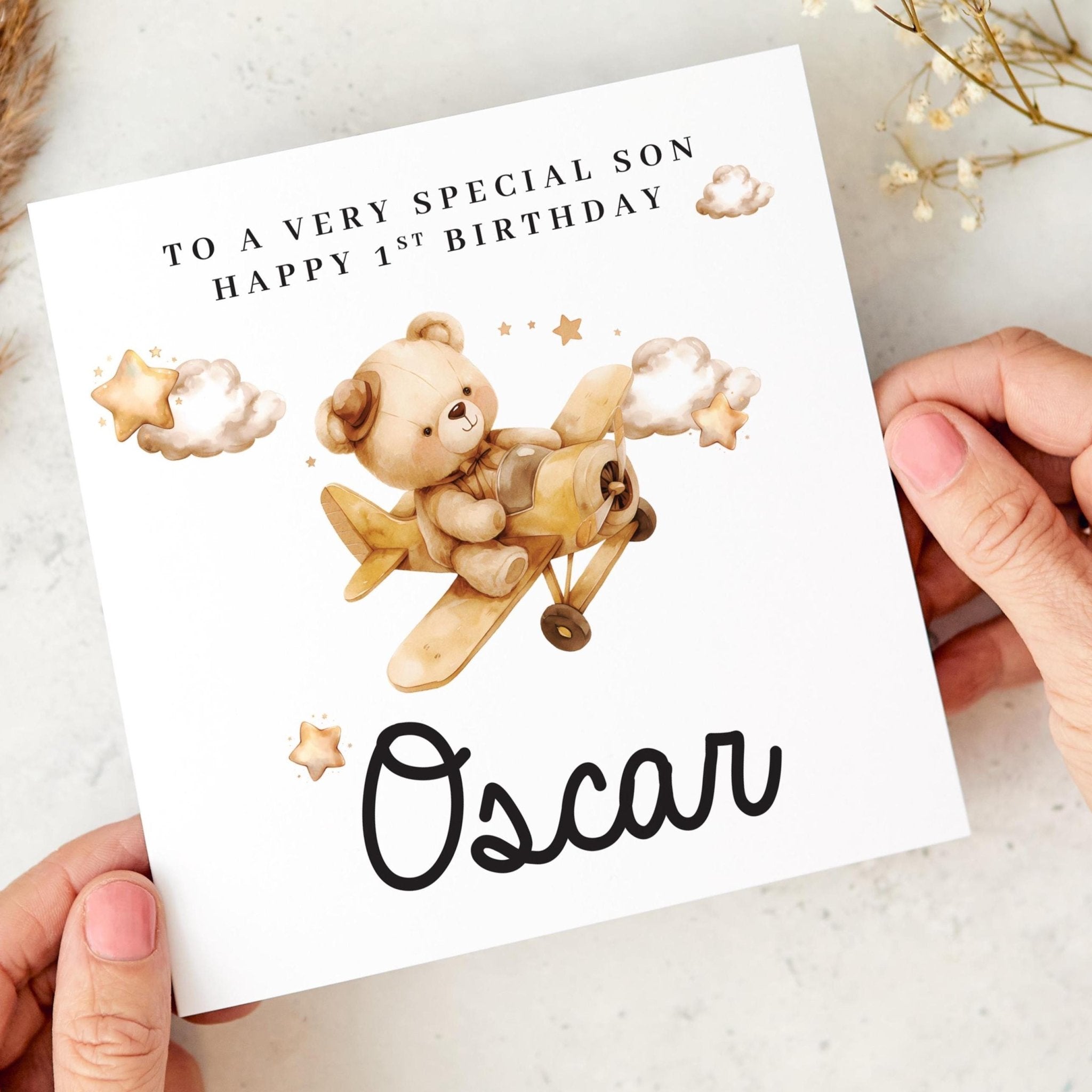 To a Very Special Son First Birthday Card for Baby Boy Cute Bear and Aeroplane Design Keepsake 1st Birthday Card for Baby Boy Toddler