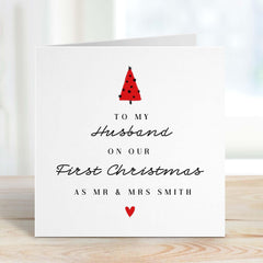 To My Husband On Our First Christmas As Mr And Mrs Last Name Card Personalised 1St Xmas Married Newlywed Card For Husband Hubby