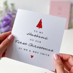 To My Husband On Our First Christmas As Mr And Mrs Last Name Card Personalised 1St Xmas Married Newlywed Card For Husband Hubby