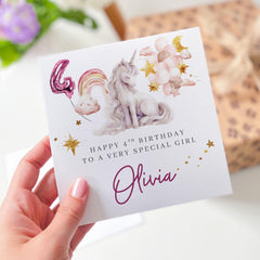 Unicorn 4th Birthday Card for Girl Custom Name with Magical Rainbow and Balloon Design Perfect for Daughter Granddaughter or Niece