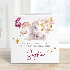 Unicorn 4th Birthday Card for Girl Custom Name with Magical Rainbow and Balloon Design Perfect for Daughter Granddaughter or Niece