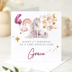 Unicorn 4th Birthday Card for Girl Custom Name with Magical Rainbow and Balloon Design Perfect for Daughter Granddaughter or Niece