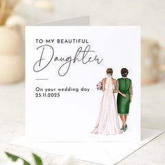 Wedding Day Card for Daughter Beautiful Bride and Mum Illustration Thoughtful Sentimental Keepsake from Mother on Her Special Day with Date