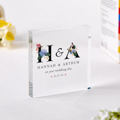 Wedding Day gift with Names Acrylic Plaque Custom Initials & Date Keepsake Elegant Floral Gift for Couple Wedding Present