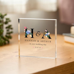 Wedding Day gift with Names Acrylic Plaque Custom Initials & Date Keepsake Elegant Floral Gift for Couple Wedding Present