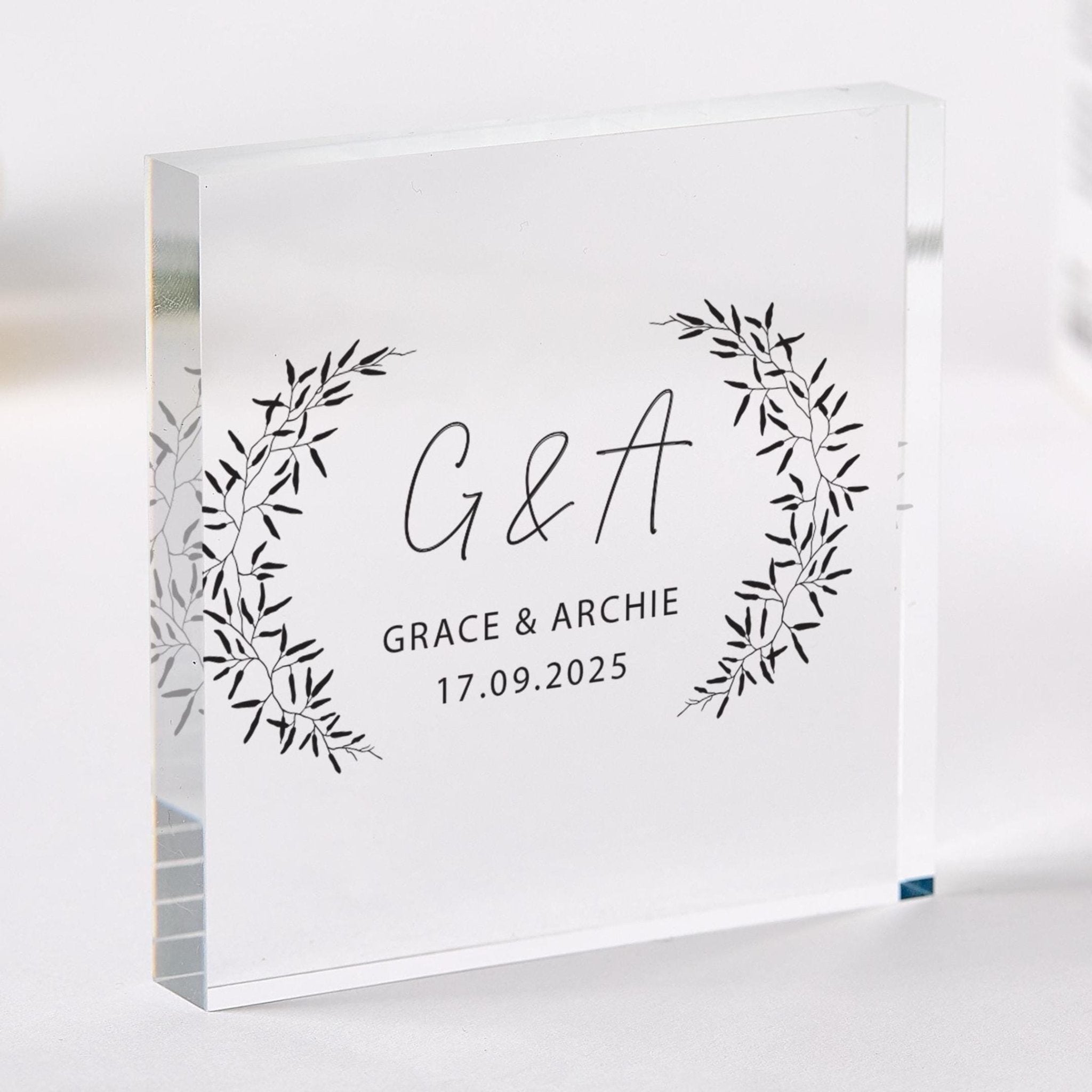 Wedding Gift for a Couple Elegant Botanical Acrylic Plaque Custom Initials & Date Gift for Engagement Anniversary or Newlywed Keepsake