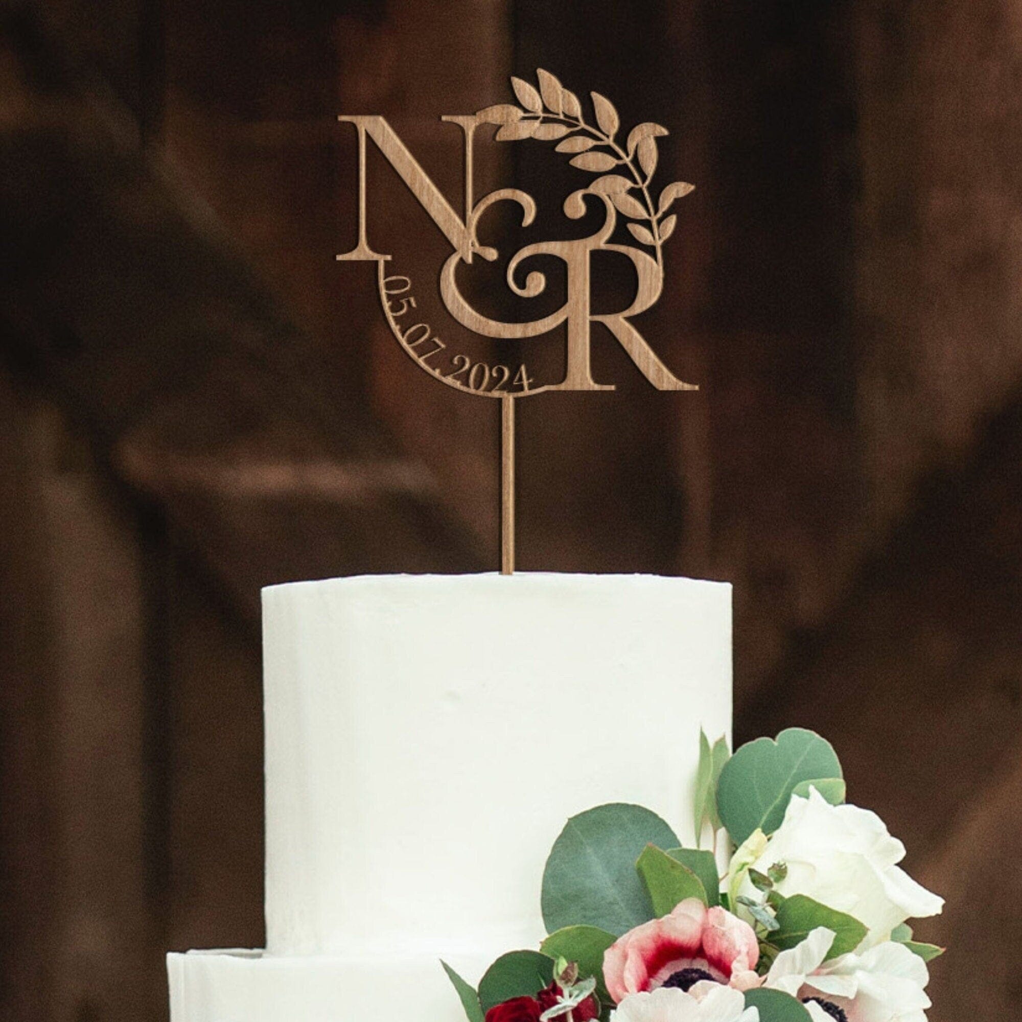 Wooden Wedding or Engagement Cake Topper with a Date and Initials Anniversary Engagement Wood Decor Bridal Shower