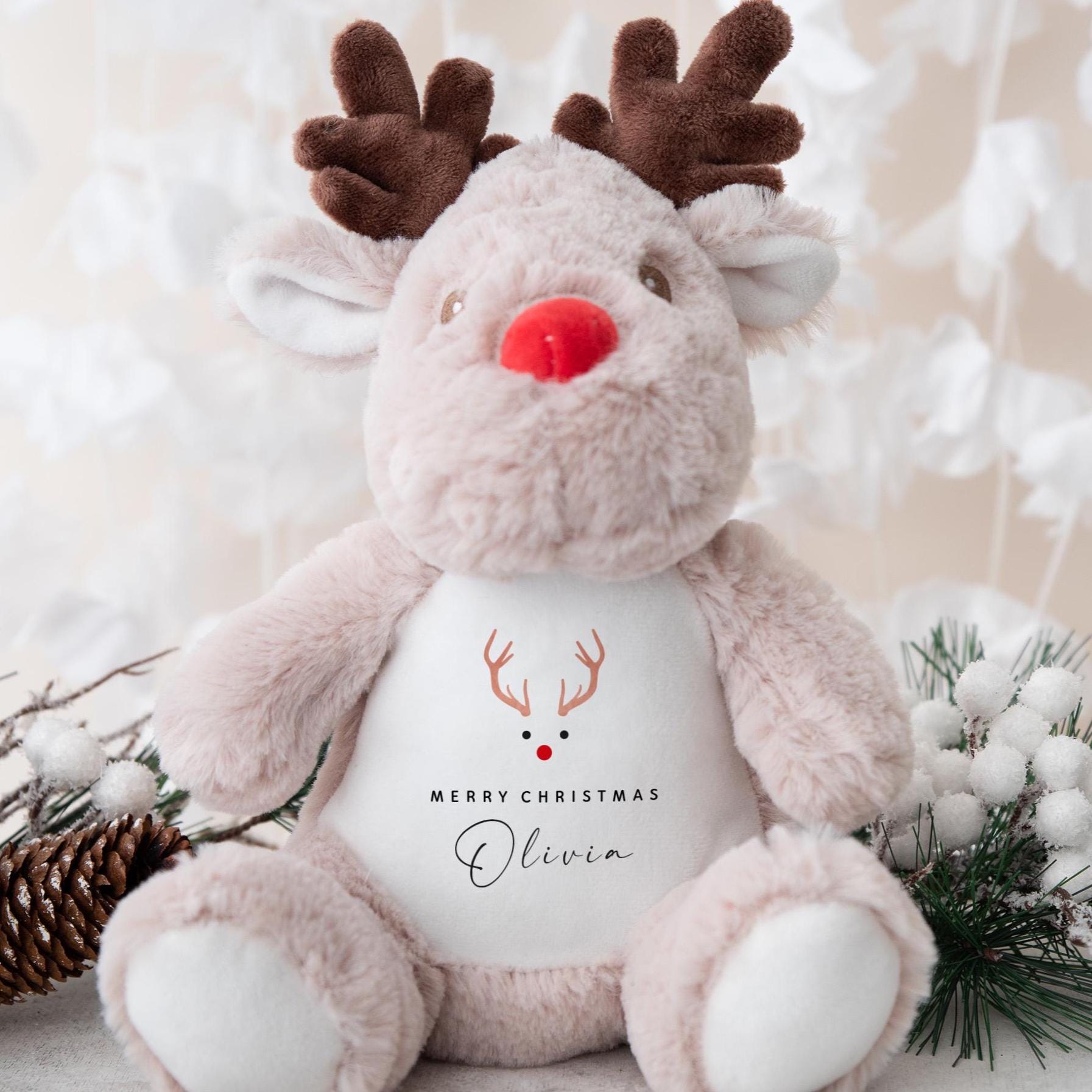 Xmas Reindeer Teddy Gift with Custom Name Christmas Keepsake from Parents Grandparents Auntie Uncle for Baby Child Son Daughter Niece Nephew