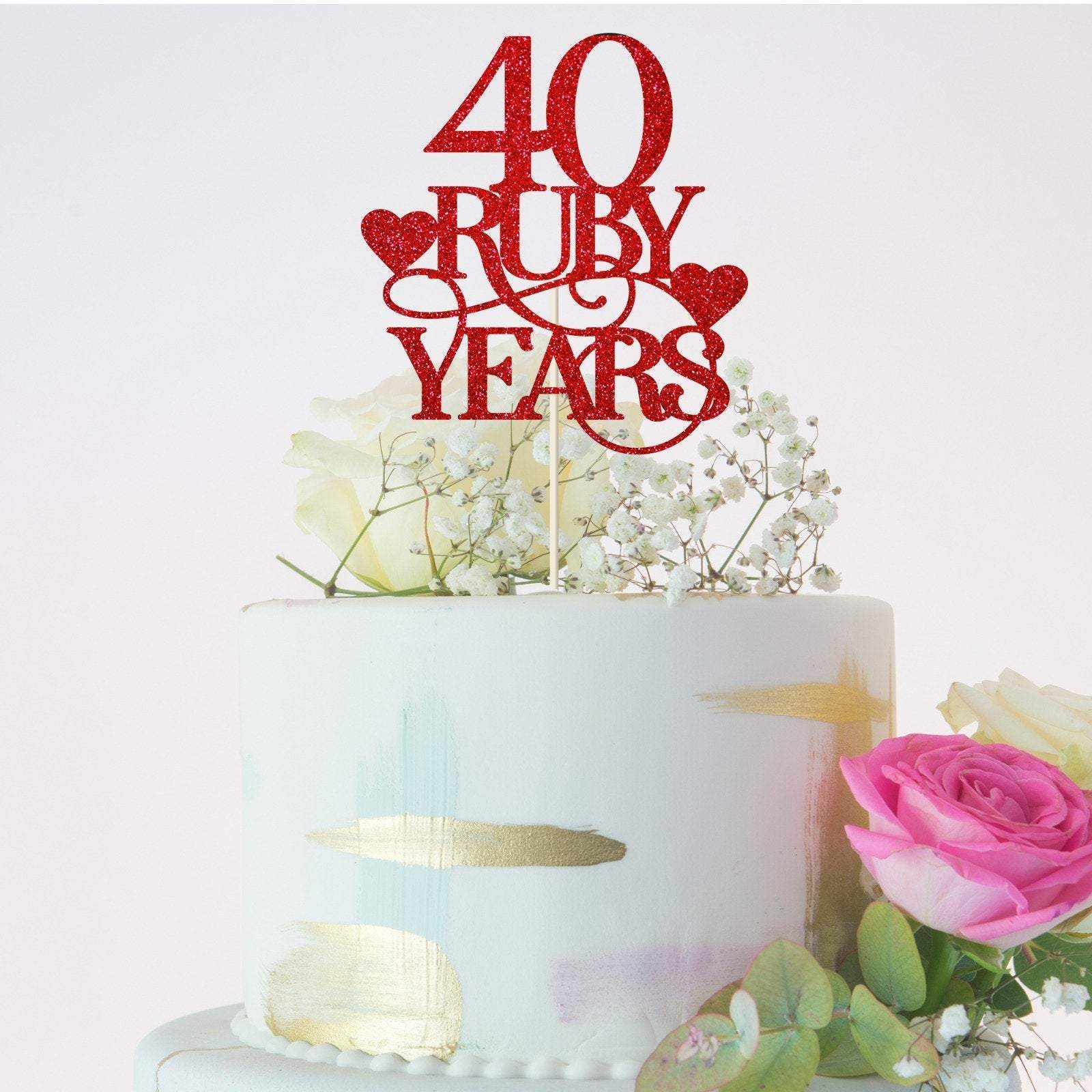 40 Ruby years cake topper, Wedding anniversary red glitter party decor Ruby years anniversary
