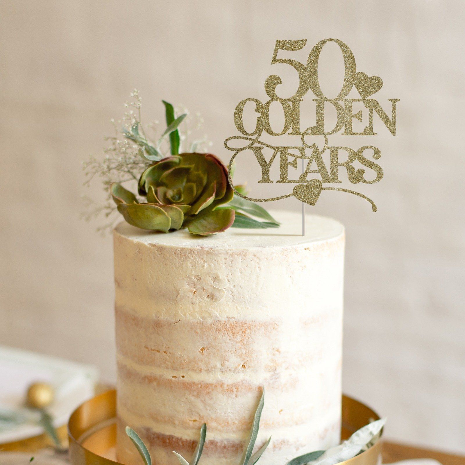 50 golden years cake topper, Wedding anniversary party decor, Gold ...