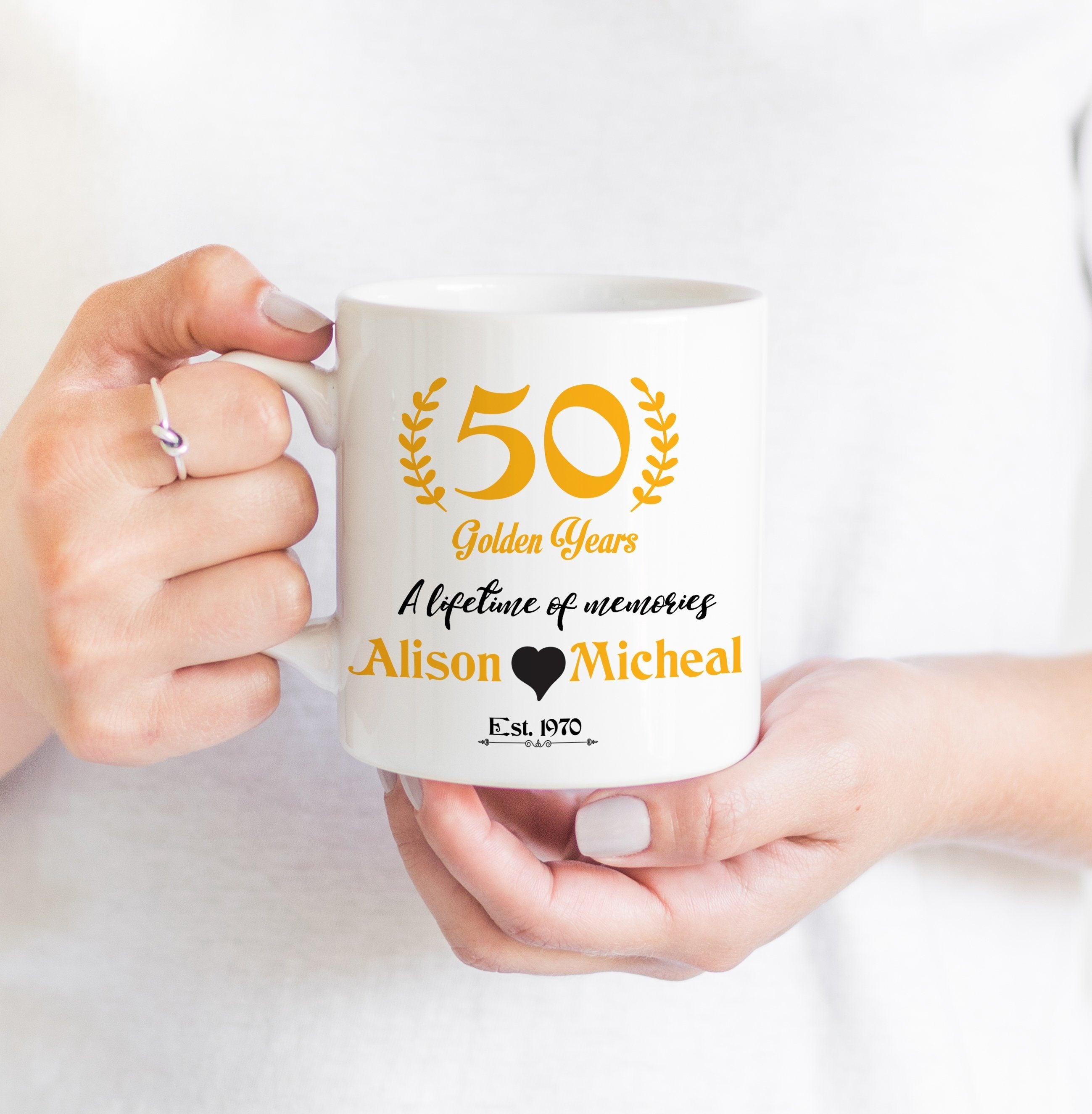 50 golden years mug, Personalised wedding anniversary gift, Gold 50th anniversary present