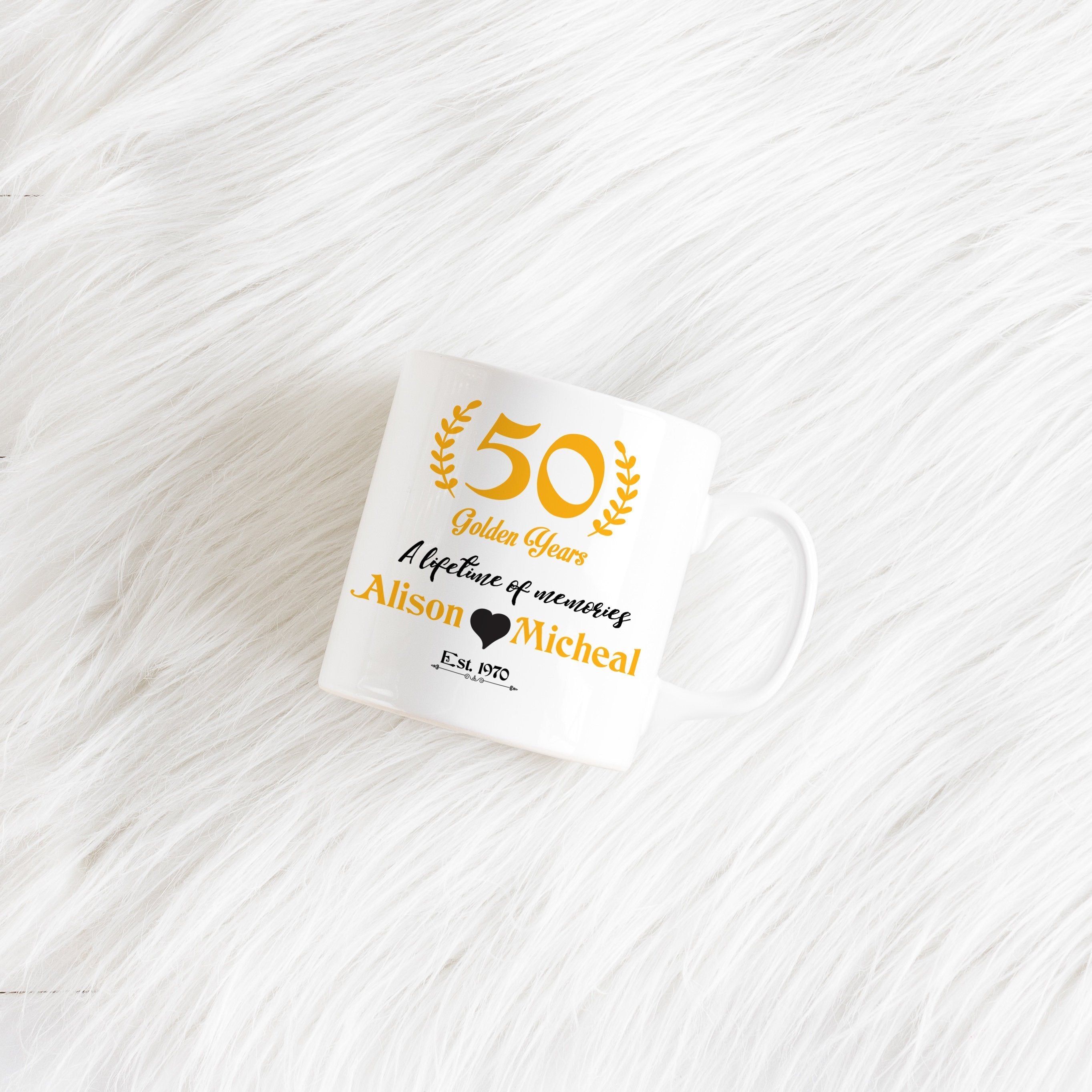 50 golden years mug, Personalised wedding anniversary gift, Gold 50th anniversary present