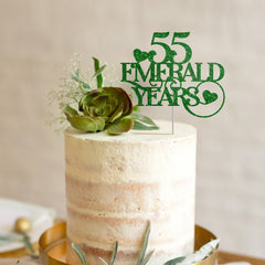 55 emerald years cake topper, Wedding anniversary green glitter party decor