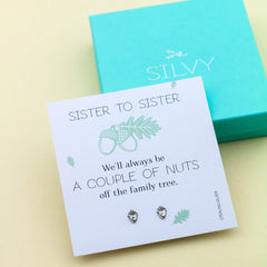 Acorn silver stud earrings with a sisters quote card with box, gift for her