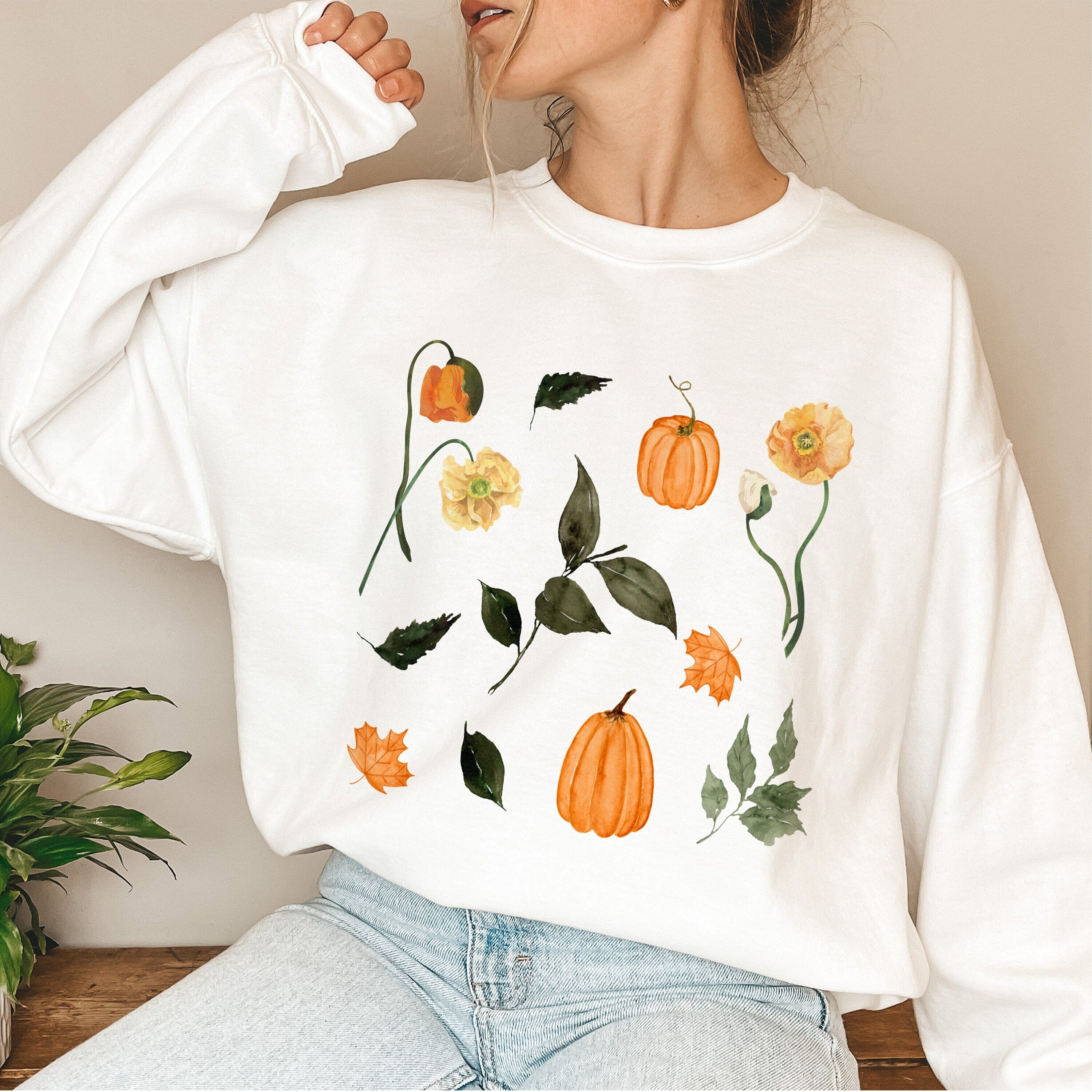 Autumn Flowers And Pumpkins Sweatshirt, Gift For Her Women Trendy Jumper Autumn Concept Wild Meadow Nature