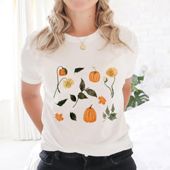 Autumn Flowers And Pumpkins T-Shirt, Gift For Her, Women Trendy Tshirt Autumn Concept Wild Meadow Nature Tee