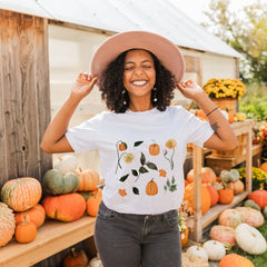 Autumn Flowers And Pumpkins T-Shirt, Gift For Her, Women Trendy Tshirt Autumn Concept Wild Meadow Nature Tee