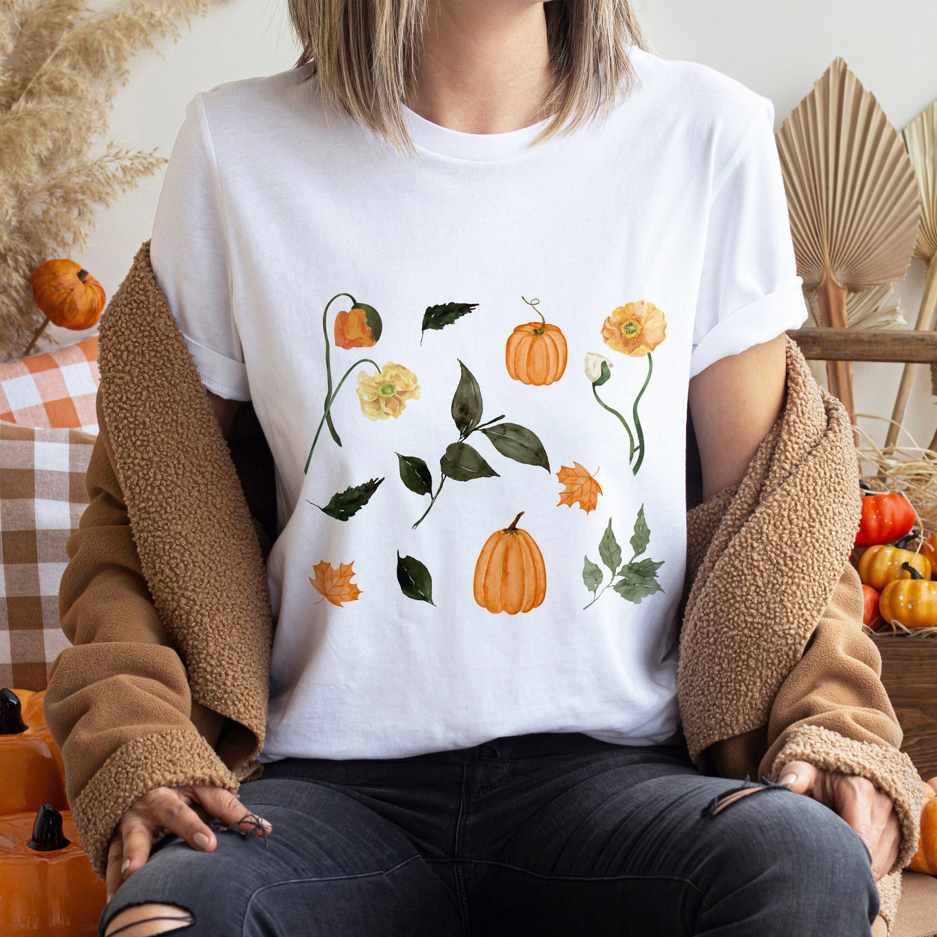Autumn Flowers And Pumpkins T-Shirt, Gift For Her, Women Trendy Tshirt Autumn Concept Wild Meadow Nature Tee