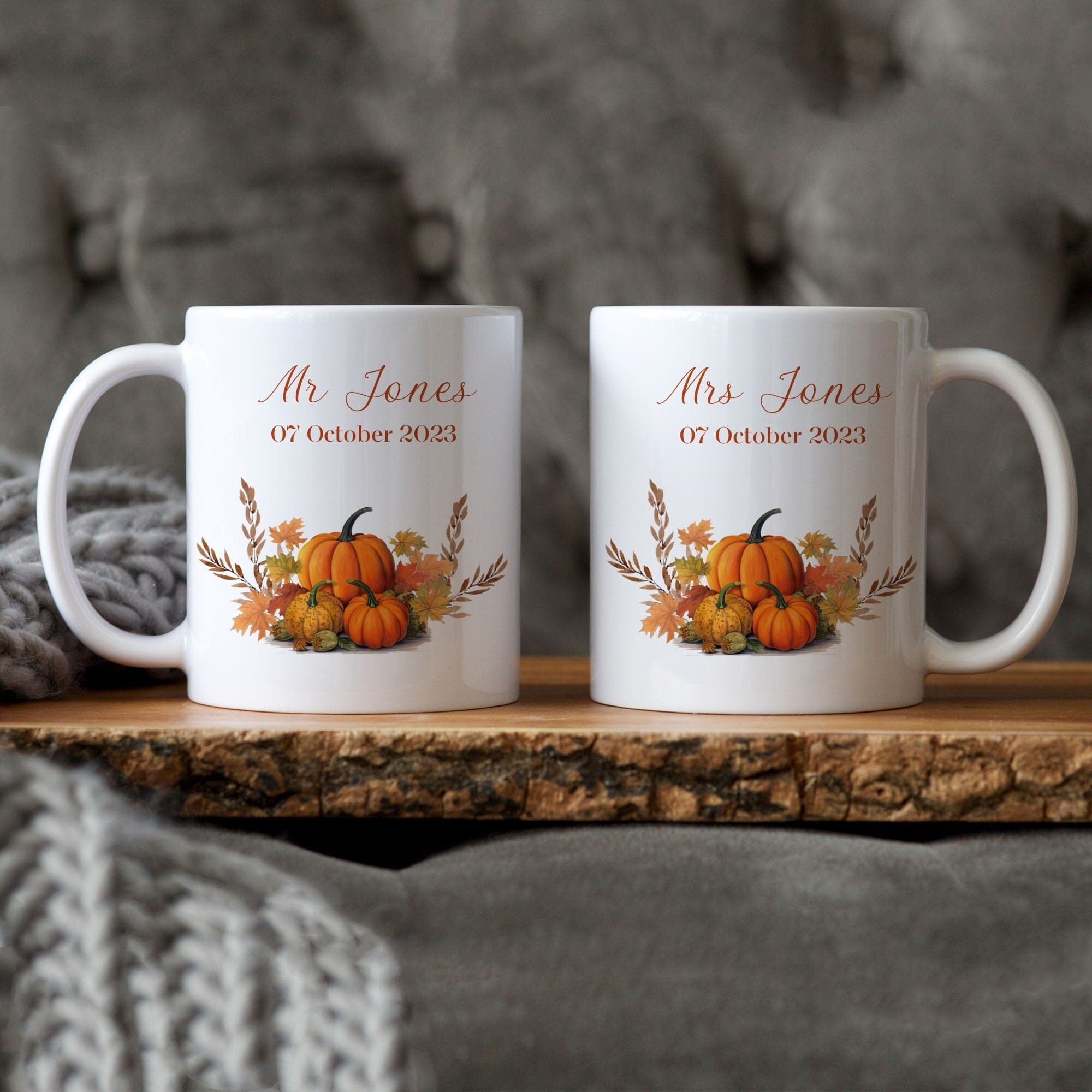 Autumn Wedding Mr And Mrs Mug With Name And Date, Pumpkin Mug, Christmas Valentine's Day Gift Newlywed