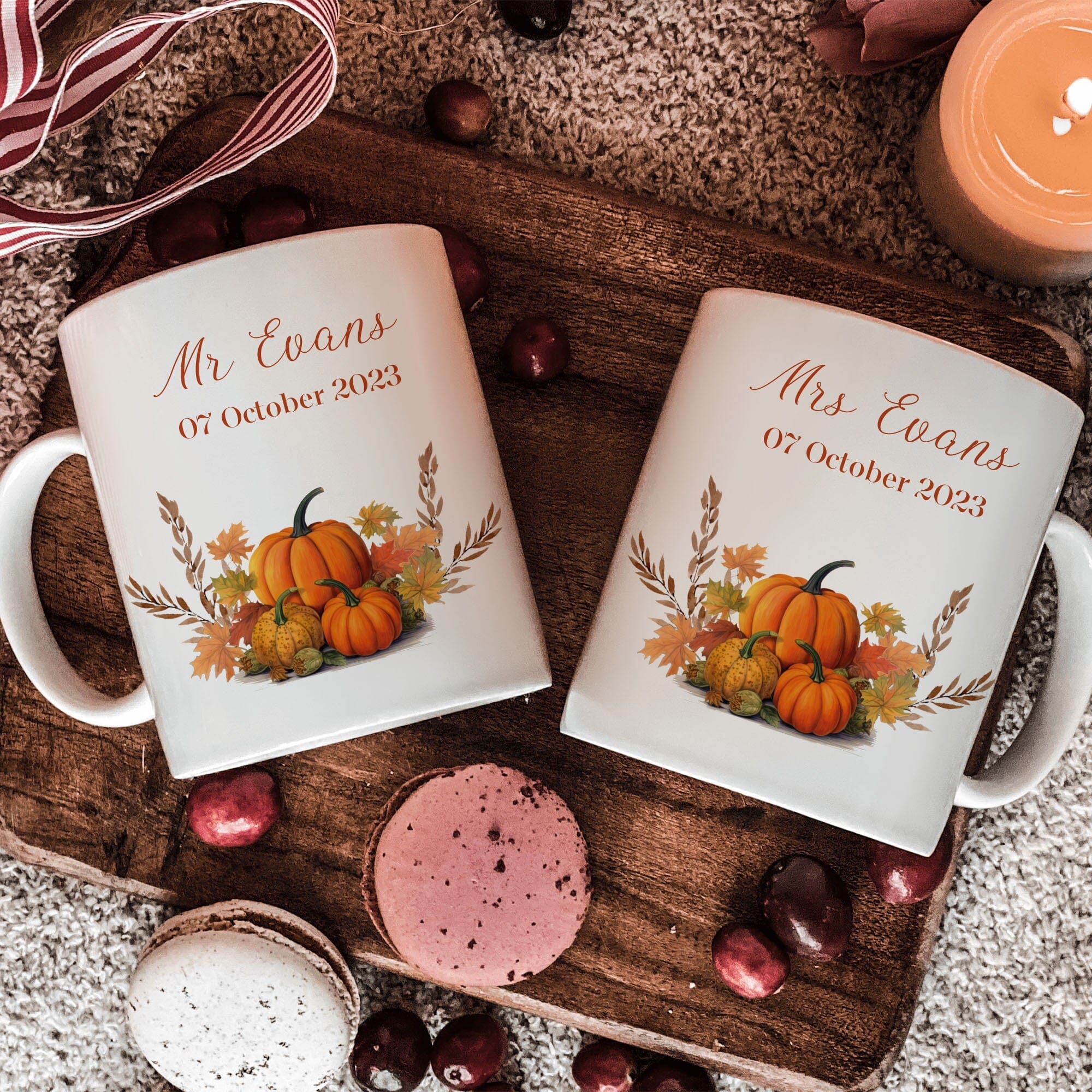Autumn Wedding Mr And Mrs Mug With Name And Date, Pumpkin Mug, Christmas Valentine's Day Gift Newlywed