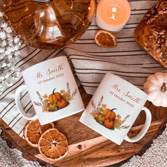 Autumn Wedding Mr And Mrs Mug With Name And Date, Pumpkin Mug, Christmas Valentine's Day Gift Newlywed
