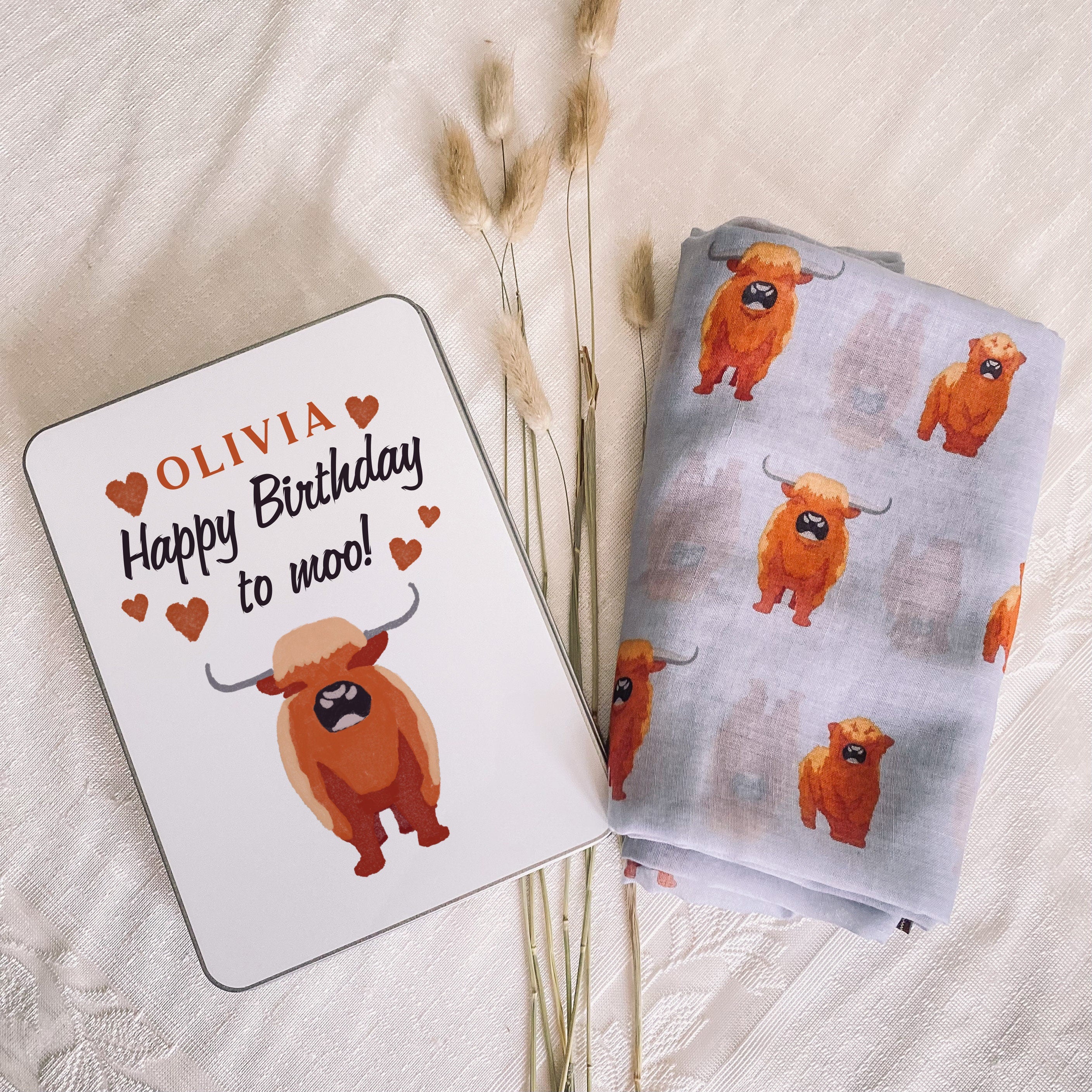 Birthday Gift For Her, Highland Cow Cotton Scarf In A Personalised Metal Gift Box, Happy Birthday To Moo