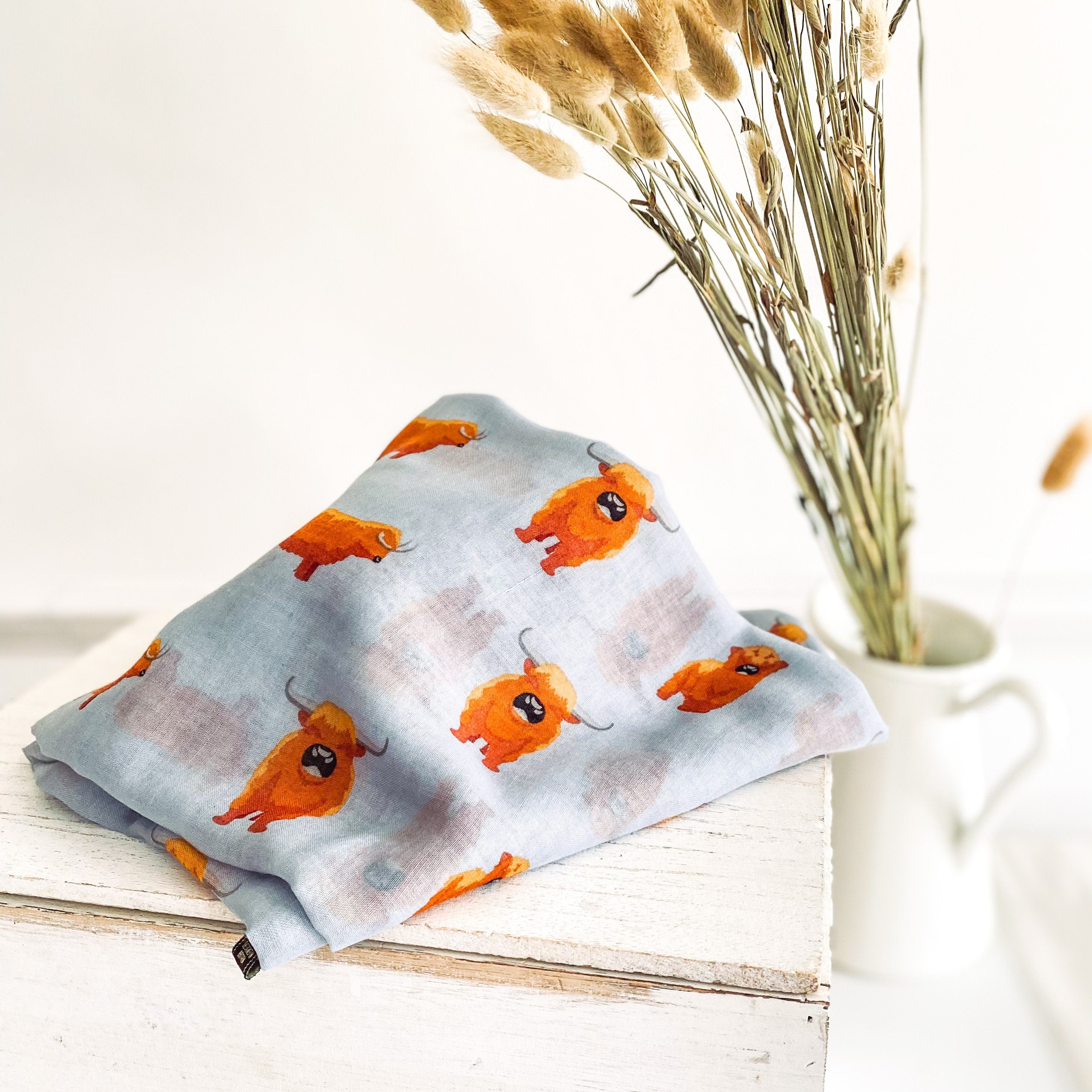 Birthday Gift For Her, Highland Cow Cotton Scarf In A Personalised Metal Gift Box, Happy Birthday To Moo