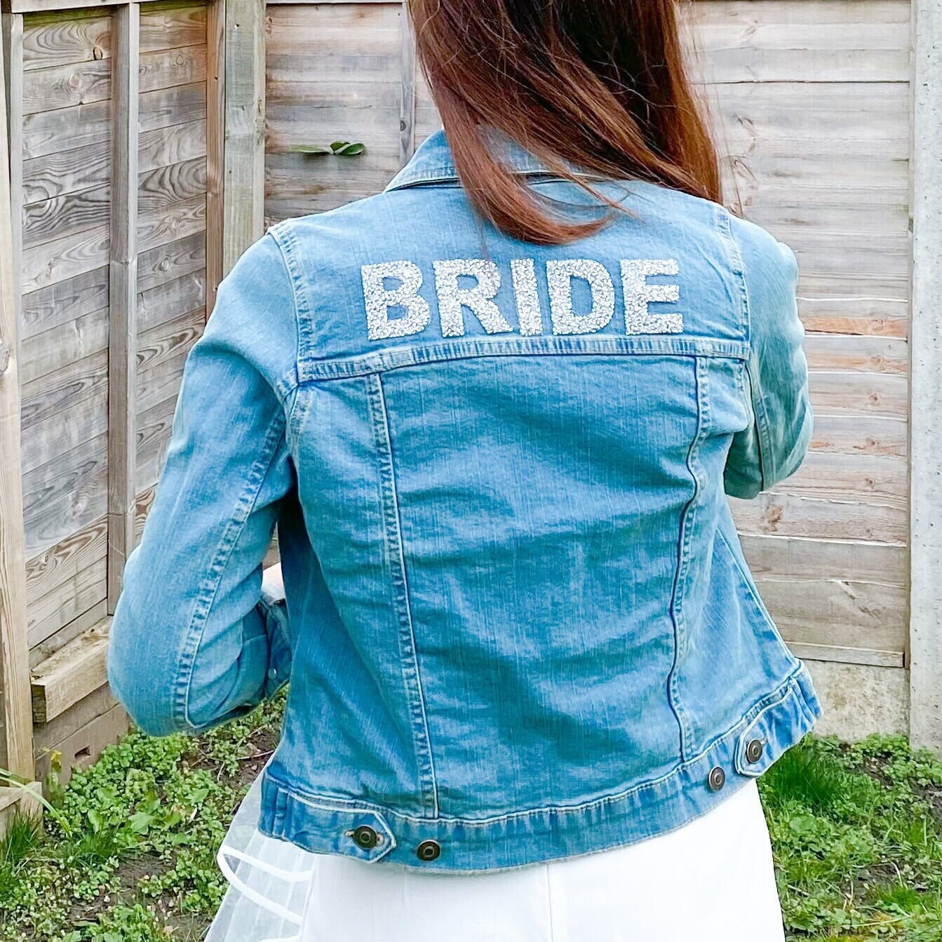 Bride denim jacket sparkly rhinestone letters Bridal Shower Engagement Mrs Wedding jacket
