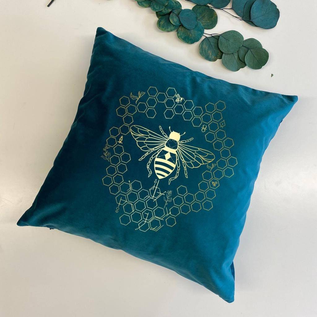 Bumble Bee Velvet Cushion , Gold foil print, Housewarming, Christmas gift for her