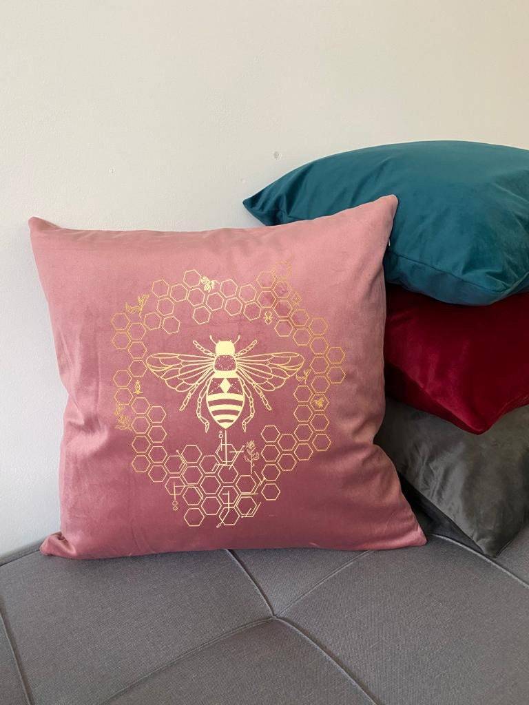 Bumble Bee Velvet Cushion , Gold foil print, Housewarming, Christmas gift for her