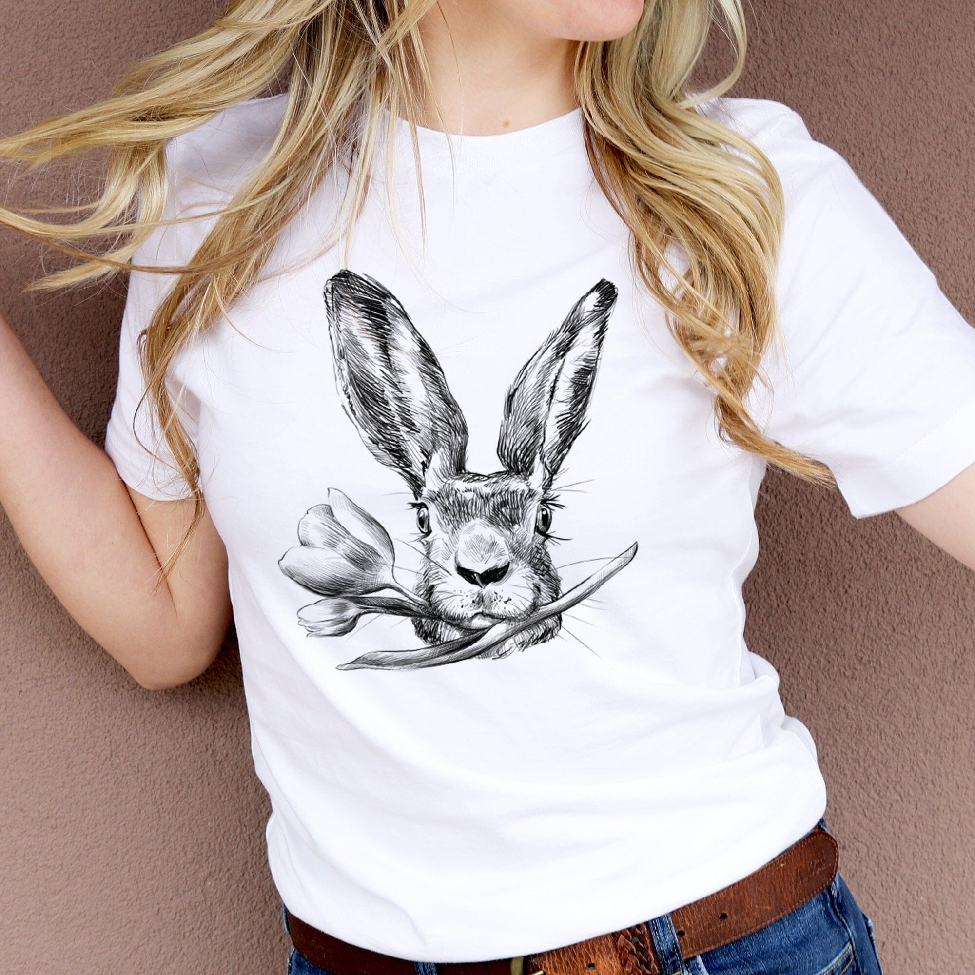 Bunny and flower t-shirt, Gift for her, Women trendy tshirt, Spring concept