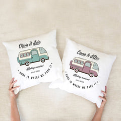 Campervan Camp cushion, Personalised camper van gift, His and hers, Couple travel gift