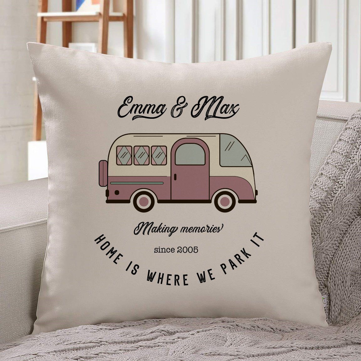 Campervan Camp cushion, Personalised camper van gift, His and hers, Couple travel gift