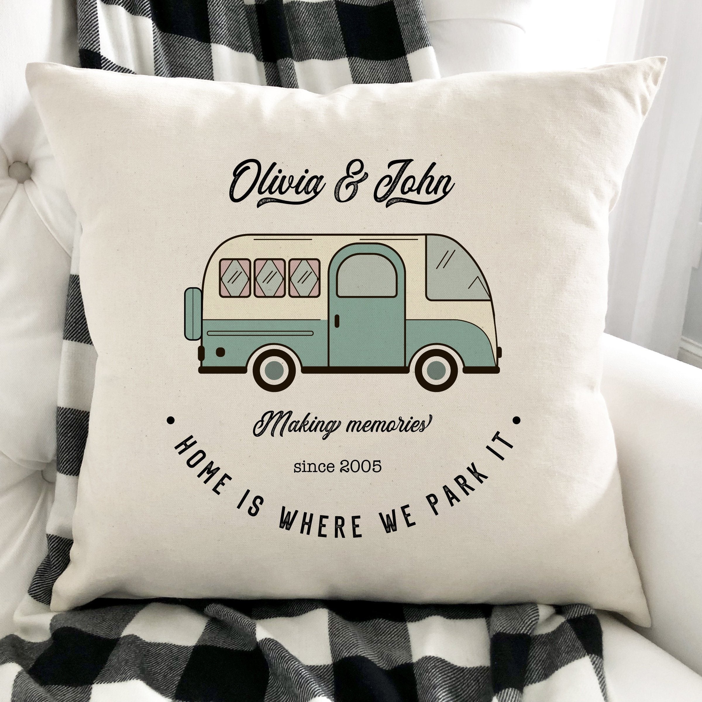 Campervan Camp cushion, Personalised camper van gift, His and hers, Couple travel gift