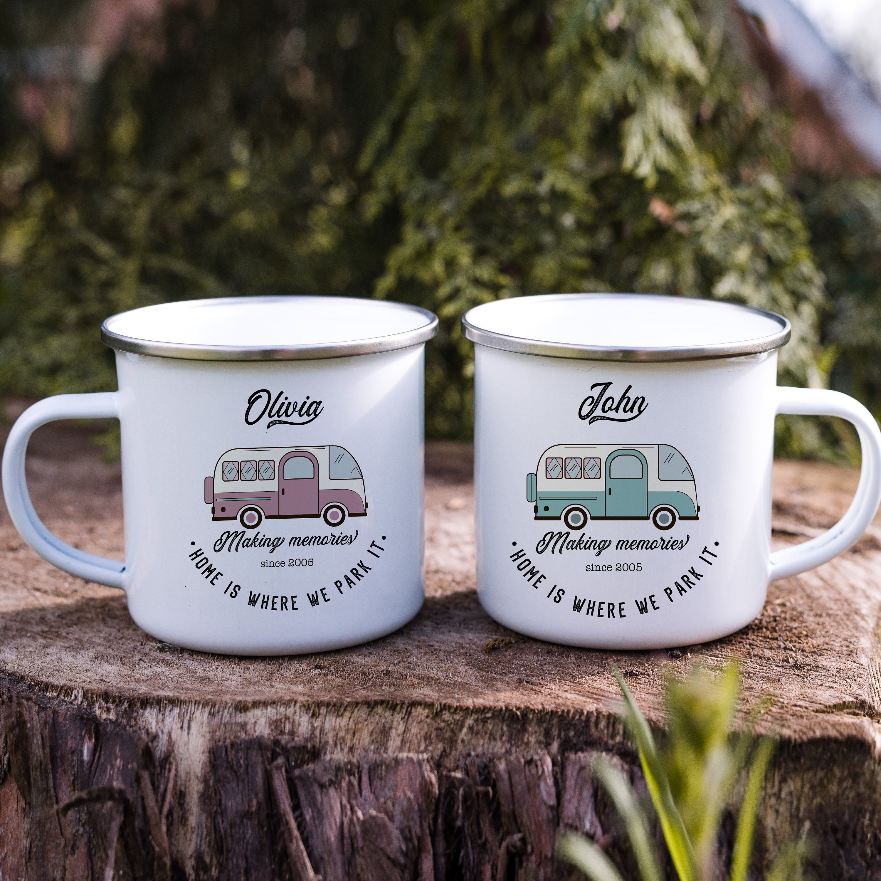 Campervan Enamel Camp Mug, Personalised camper van gift , His and hers